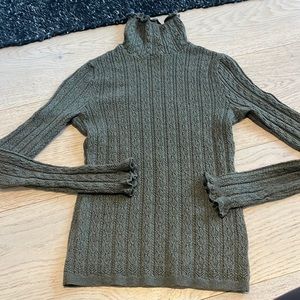 Olive green sweater, cable knit with button detail on neck
